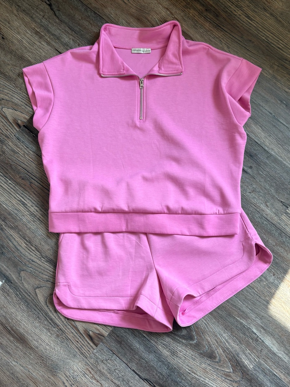 Zenana Outfitters Pink Zip Polo Top & Matching Shorts Set